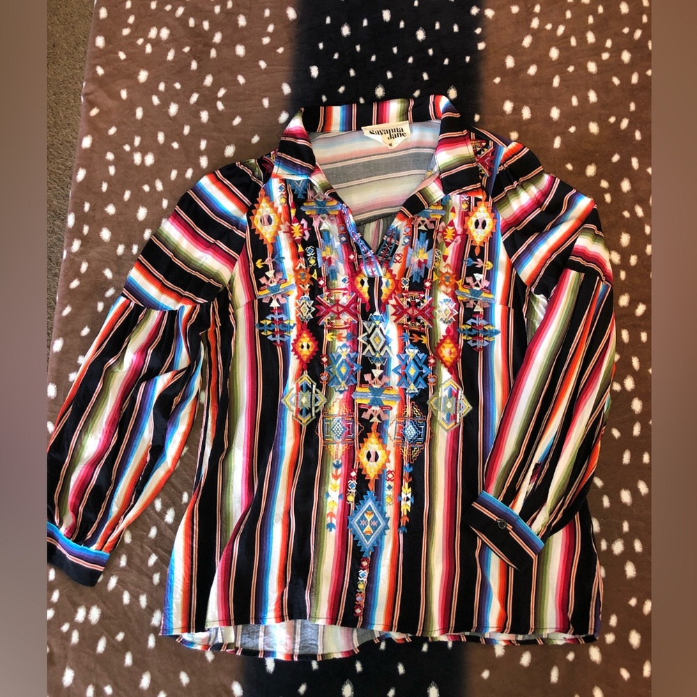 Savanna Jane festive serape stripes and floral with bubble button sleeves